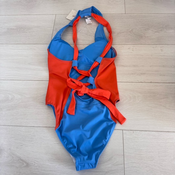 Fabletics Sexy Lace-Up Racerback One Piece Swimsuit Orange and Blue - Picture 5 of 5